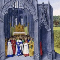 Clovis II (635 - 657), fils de Dagobert, exempte l'Abbaye de Saint-Denis des privilèges épiscopaux -enluminure par Jean Fouquet (Les Grandes Chroniques de France vers 1455-1460 siècle -bnf)