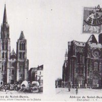 La basilique Saint-Denis avant et après l'incendie de la flèche (touchée par la foudre en 1837) - carte postale ancienne