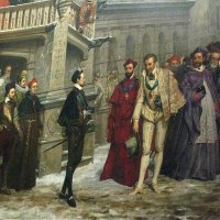 Château de Blois –  l’aile François Ier – Salle du Conseil – La Rencontre du duc de Guise et d’Henri III au pied de l’escalier de Blois, en décembre 1588 (1855 - Pierre-Charles Comte).