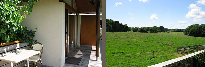 Manoir du Lys - terrasse et vue des pavillons des bois manoir lys hotel