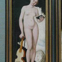 Hans Baldung dit Grien (Schwäbisch-Gmünd 1484/85 - Strasbourg 1545) - Allegorische Frauengestalt (Allégorie de la Forme de la Femme) mit Notenbuch, Gambe und Katze (1529) -.