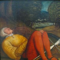 Bernhard Strigel (Memmingen vers 1460/65 - 1528) - Schlafender Grabwächter mit Armbrust (Hallebardier endormi) - 1520. Un des 3 panneaux semblables provenant sans doute d'un Retable du Saint-Sépulcre exposés à la Alte ; un 4ème est conservé à la York Art Gal. 