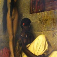 Esclaves à Vendre de Jean-Léon Gérôme (Vesoul 1824 - Paris 1904) Peintre et sculpteur. Figure de la peinture académique, ses œuvres ont largement inspiré les réalisateurs de Péplum (voir l'œuvre "Pollice Verso" décida Ridley Scott à réaliser Gladiator). Il connut le succès de son vivant et son talent est aujourd'hui apprécié, une large exposition lui a été consacrée en 2010-2011 au Musée d'Orsay.  Cependant le vif antagonisme qui l'opposa aux Impressionnistes fit alors décliner sa popularité.  
