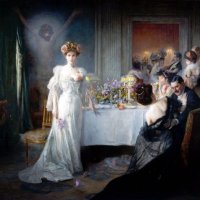 Rédemption (1895) de Julius L. Stewart (Philadelphie 1855 - Paris 1919). Peintre américain, vivant à Paris. Surnommé le "Parisien de Philadelphie", fortuné, il est connu pour ses portraits et ses scènes de la bonne société Belle Epoque mais aussi pour ses nus (dont un étonnant Nymps Hunting). A la fin de sa vie, son œuvre s'oriente vers les thèmes religieux.