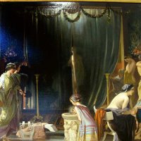 Zeuxis choisissant ses modèles (1858) de Victor Mottez ( Lille 1809 - Bièvres 1897) redite d'une œuvre exposée au château de Chantilly et dédicacée " au duc d'Aumale ". Victor Mottez fut l'élève d'Ingres aux Beaux-Arts de Paris. Lors de séjours en Italie (Venise et Rome), il se découvre une passion pour l'art de la fresque. Une de ses œuvres à la fresque "Portrait de Julie ", exécutée sur le mur de son atelier à Rome, connut la gloire quand Ingres la fit décollée et rapatriée à Paris -elle est exposée au Louvre. Il fut le premier traducteur (et longtemps le seul) du Libro del Arte de Cennini Cennini. 